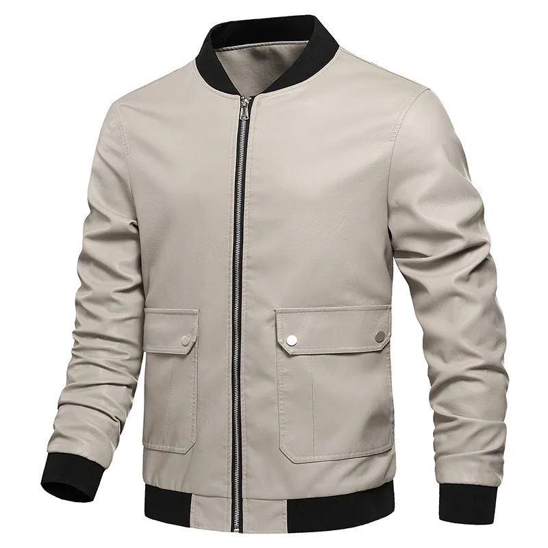 PU Leather Motorcycle Jacket Solid Color Jacket Men's Jacket