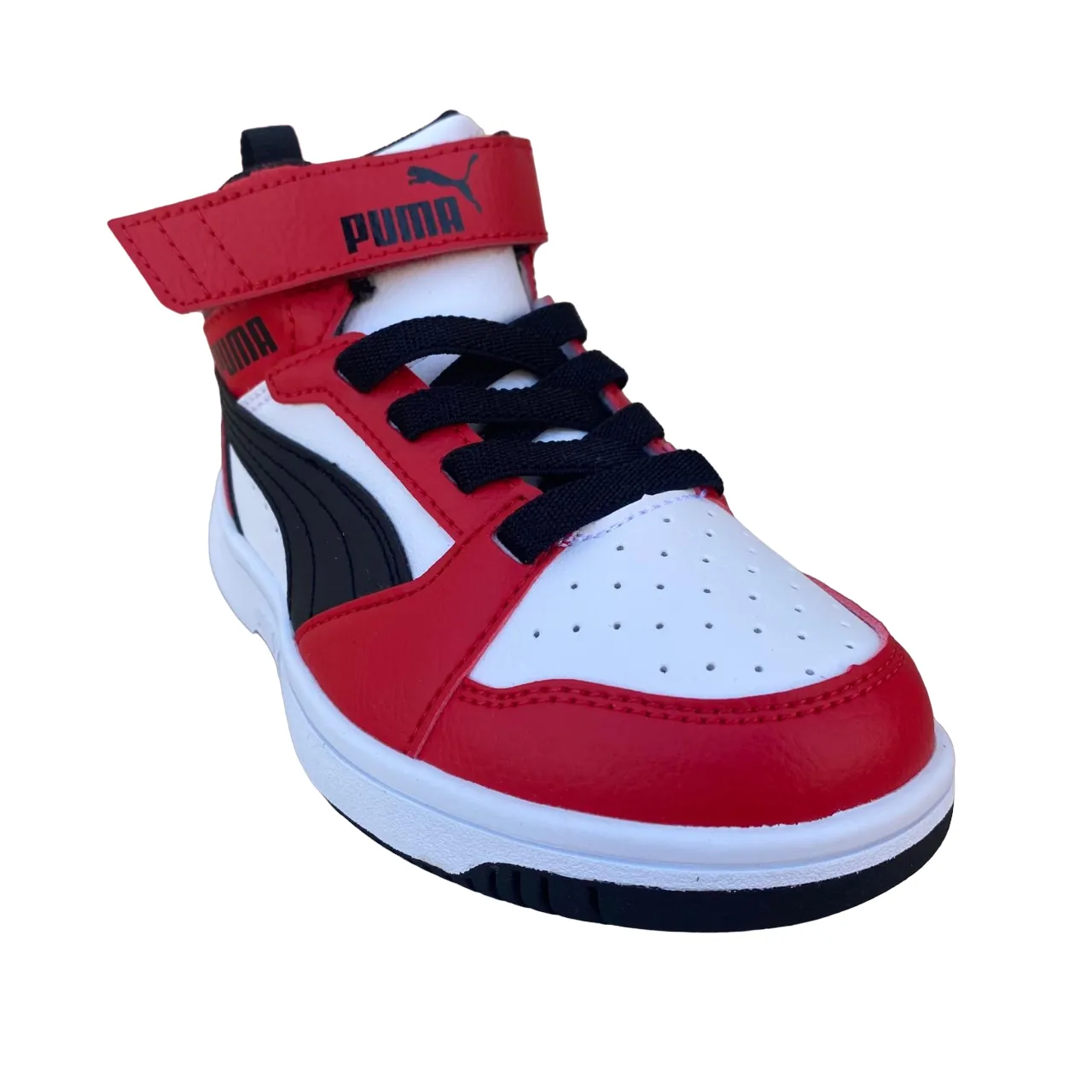 Puma boys' high shoe with lace and strap Rebound V6 AC PS 393832-03 white-black-red