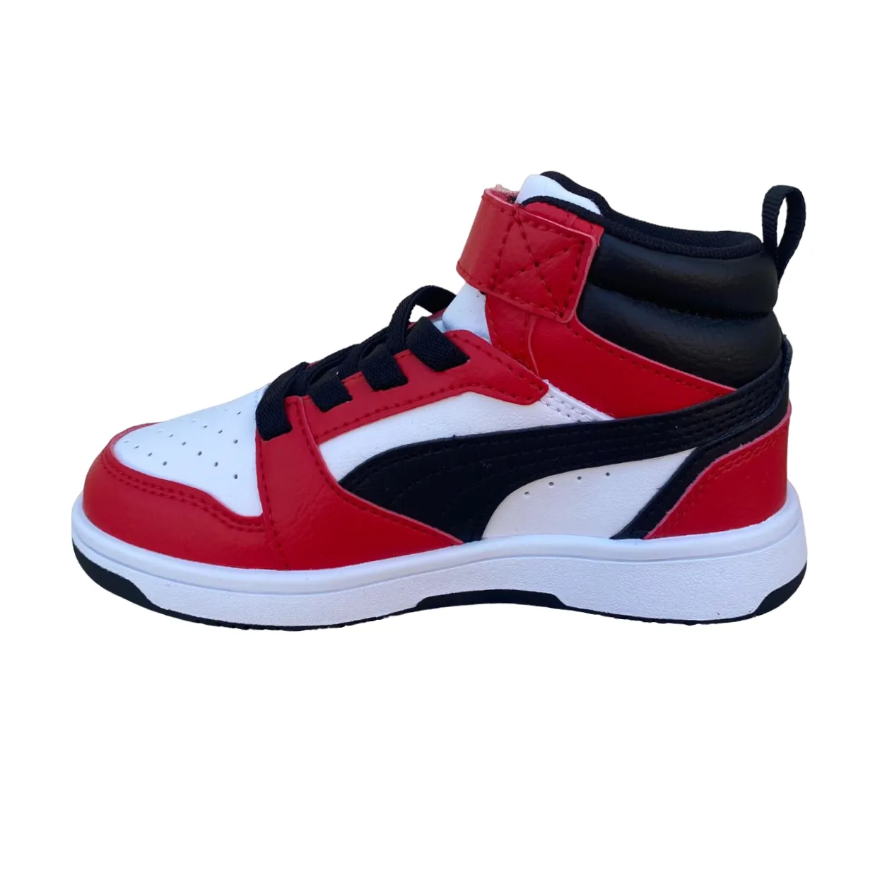 Puma boys' high shoe with lace and strap Rebound V6 AC PS 393832-03 white-black-red