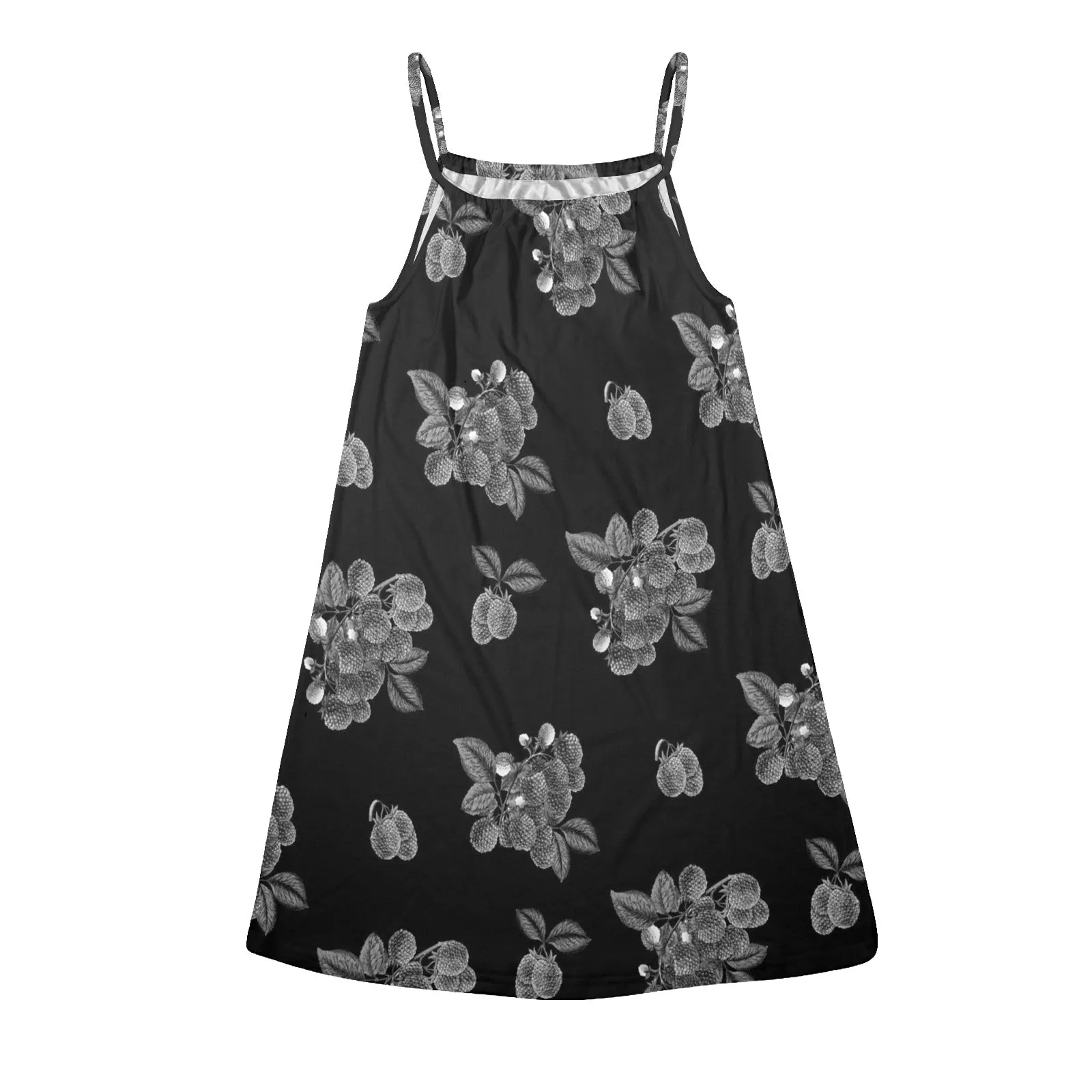 raspberry bw print Drawstring Neck Sleeveless Dress (Model D68)