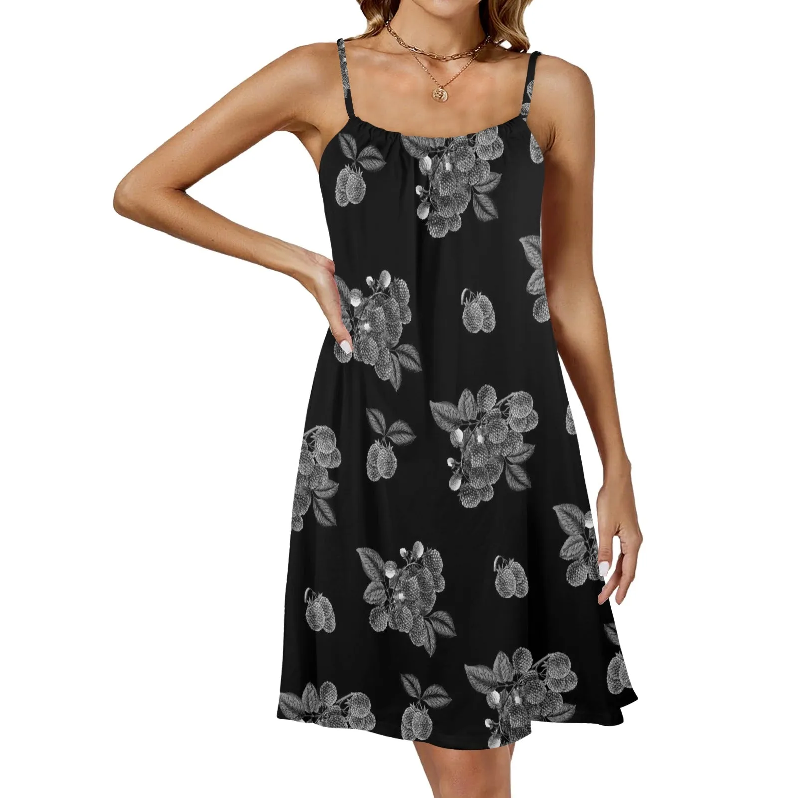 raspberry bw print Drawstring Neck Sleeveless Dress (Model D68)