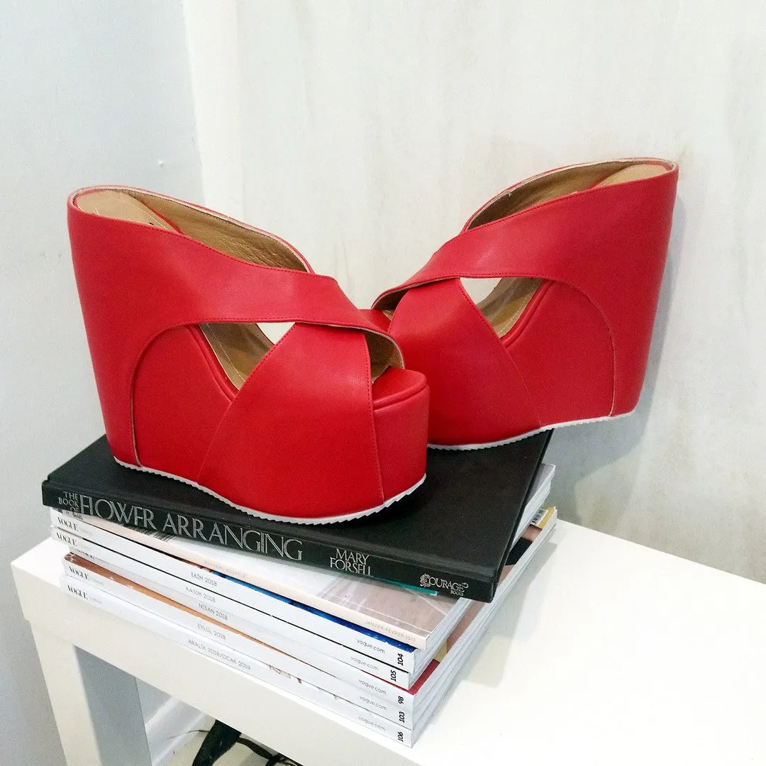 Red Cross High Heel Wedge Platform Mules