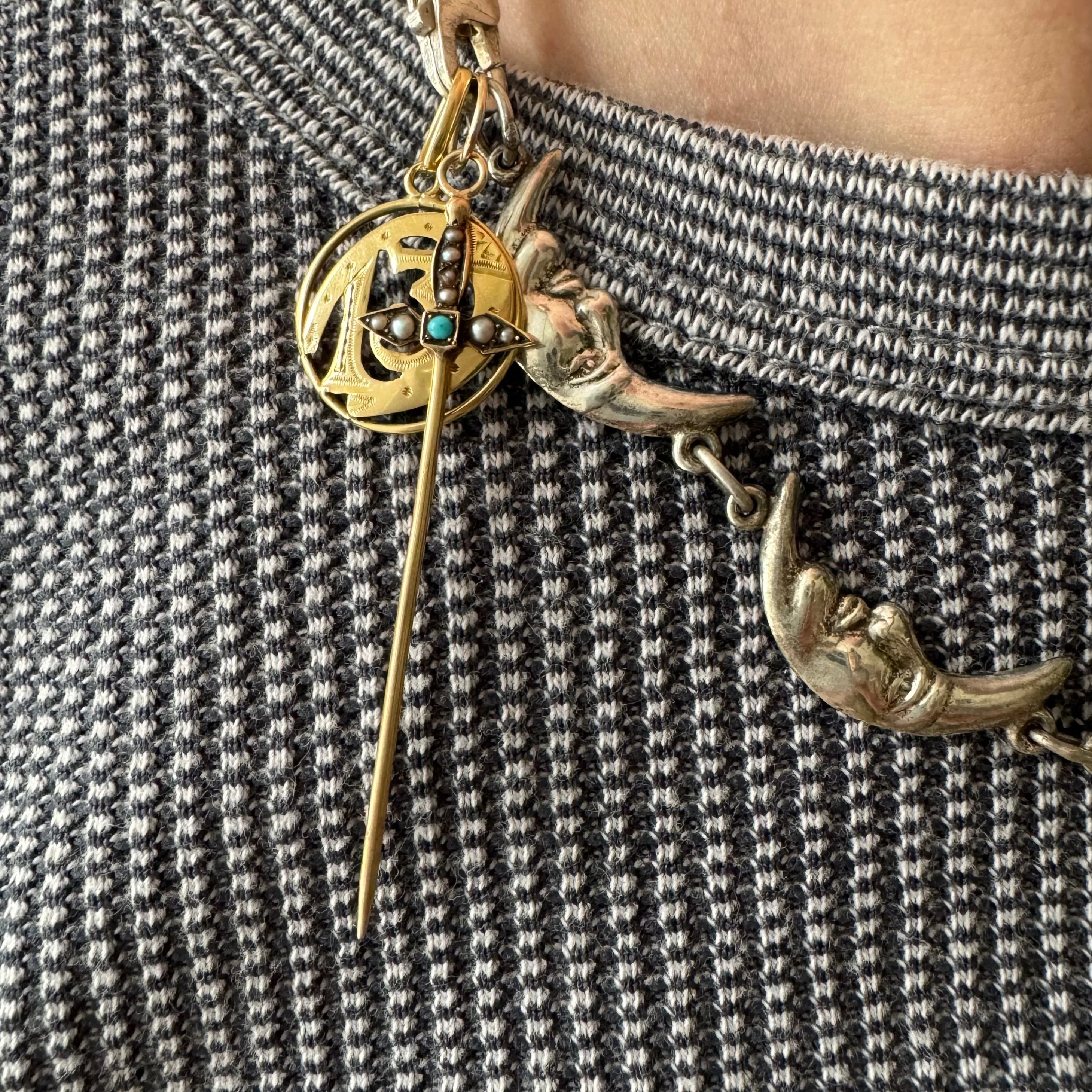 reimagined A N T I Q U E // helpful sword / 14k yellow gold turquoise and seed pearl sword toothpick pendant / a hat pin conversion pendant