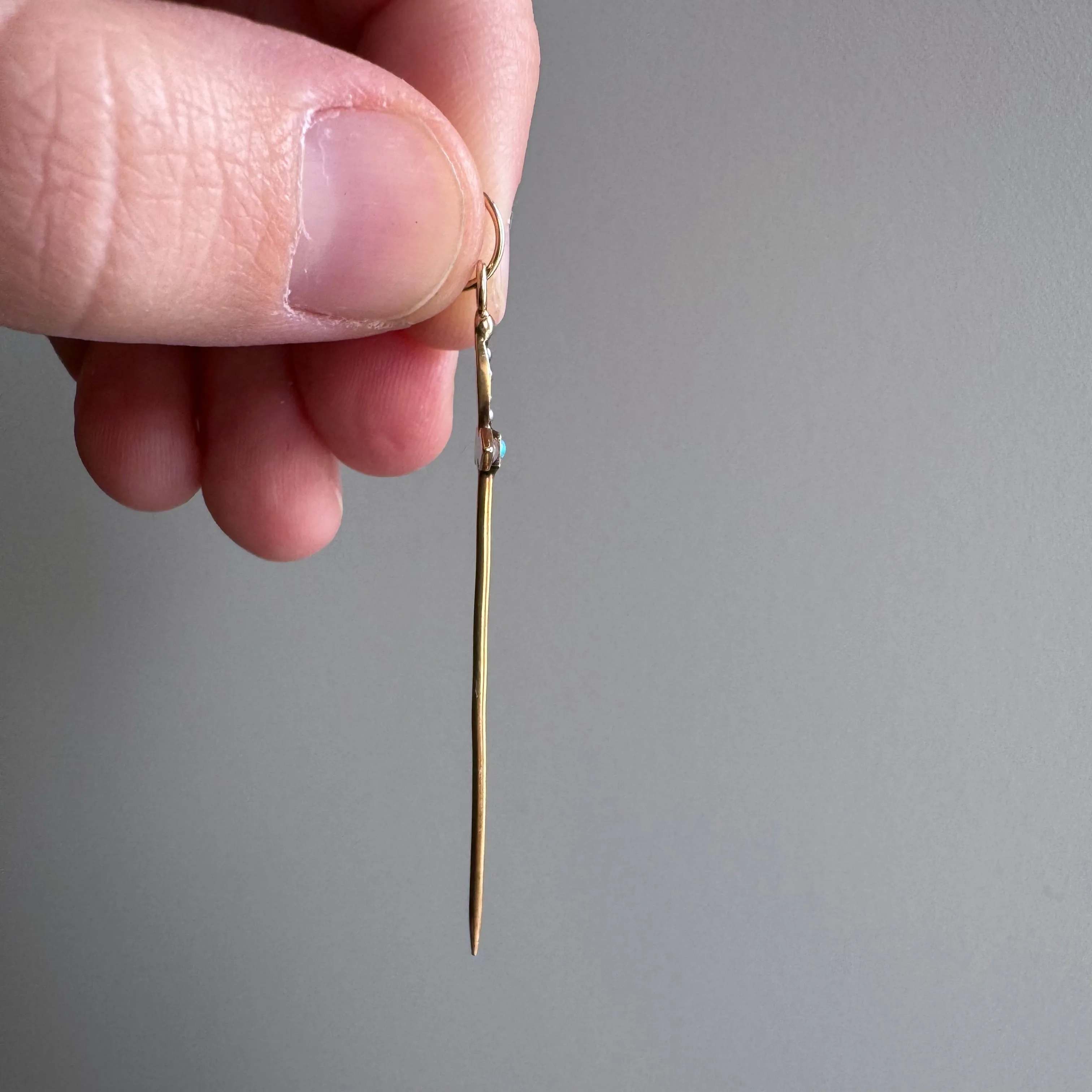 reimagined A N T I Q U E // helpful sword / 14k yellow gold turquoise and seed pearl sword toothpick pendant / a hat pin conversion pendant