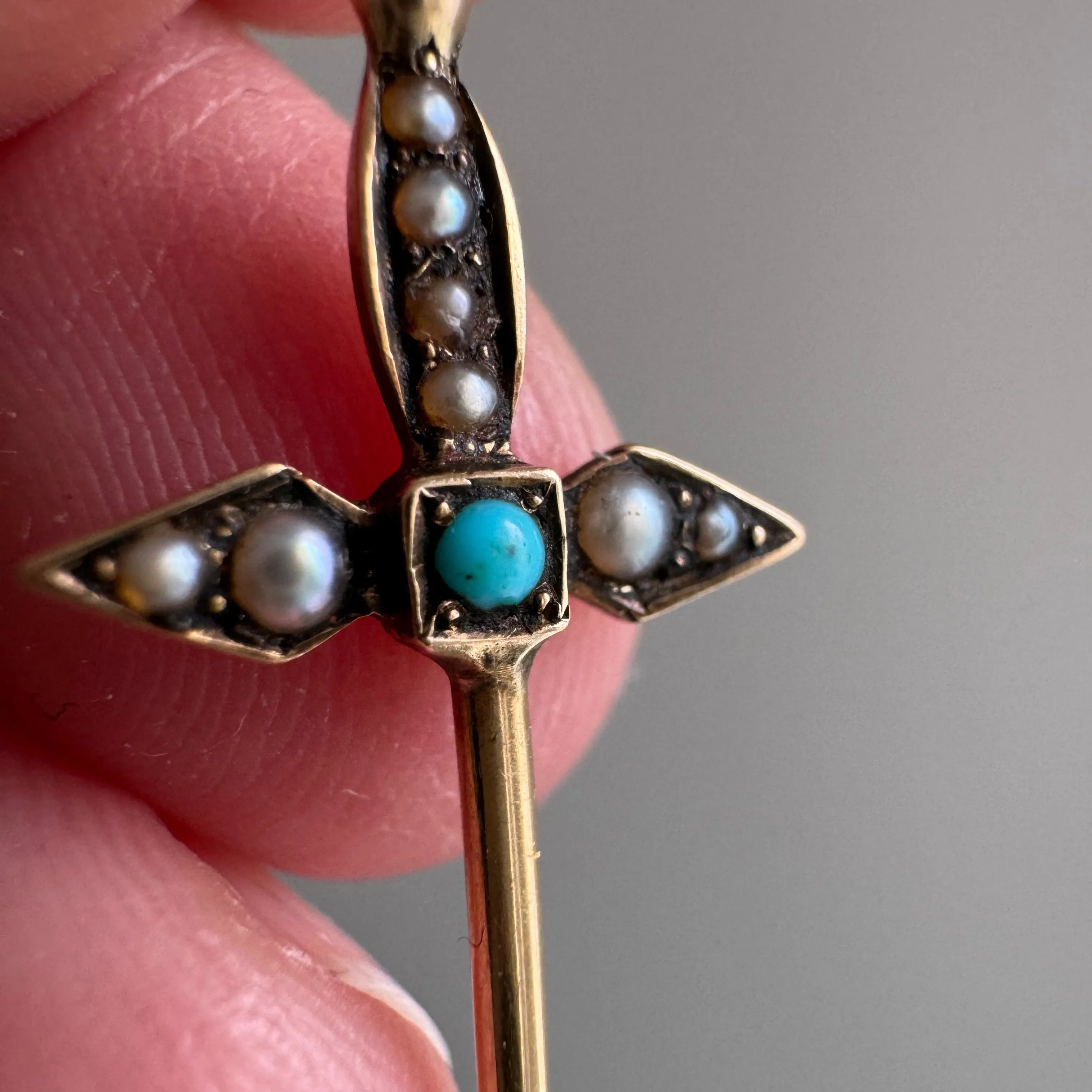 reimagined A N T I Q U E // helpful sword / 14k yellow gold turquoise and seed pearl sword toothpick pendant / a hat pin conversion pendant