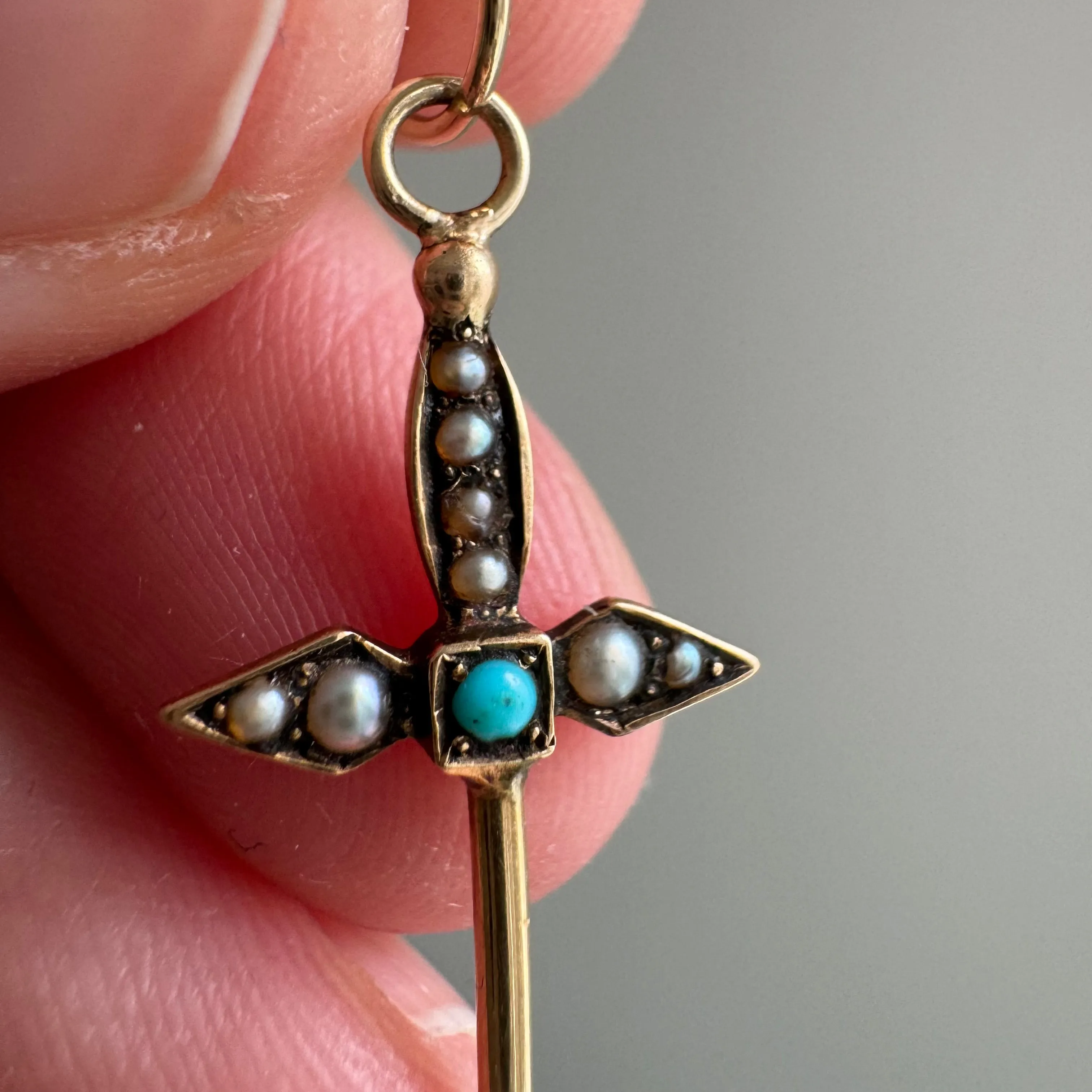 reimagined A N T I Q U E // helpful sword / 14k yellow gold turquoise and seed pearl sword toothpick pendant / a hat pin conversion pendant