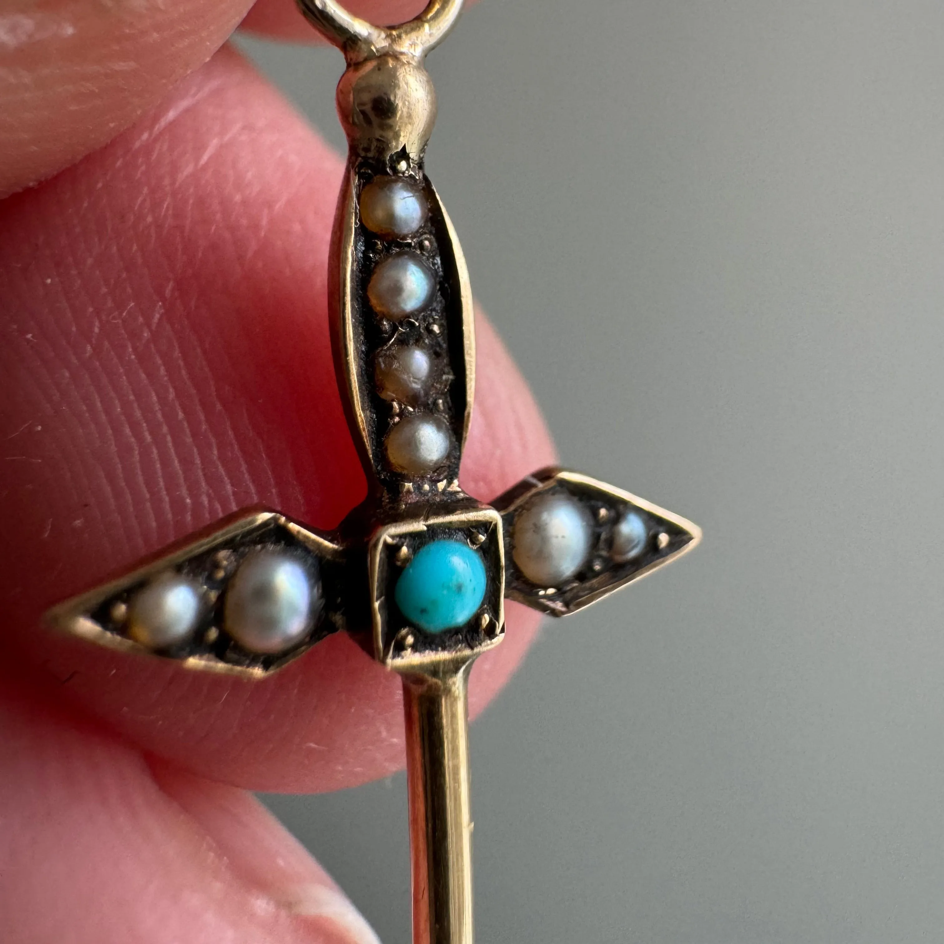 reimagined A N T I Q U E // helpful sword / 14k yellow gold turquoise and seed pearl sword toothpick pendant / a hat pin conversion pendant