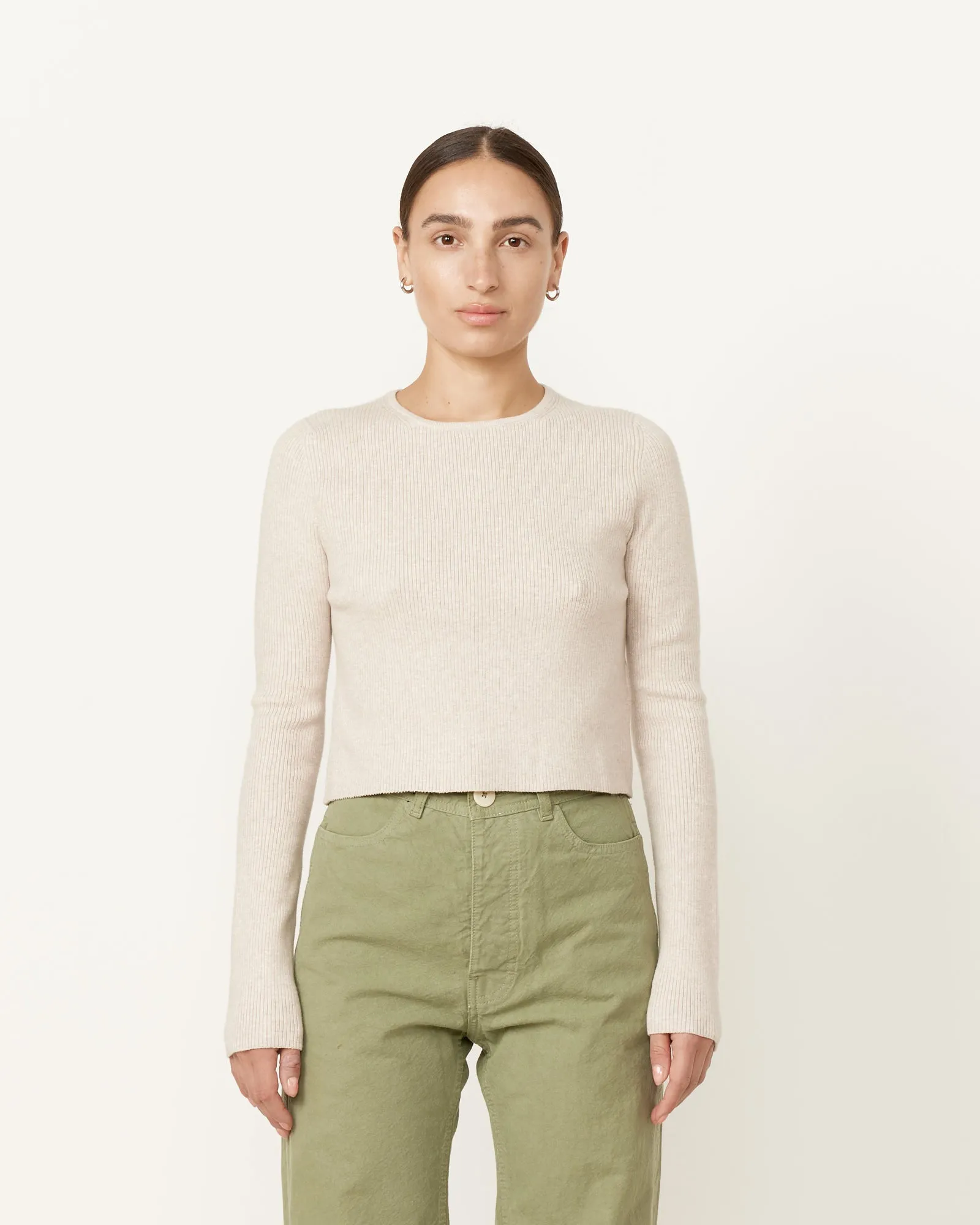 Rib Crop Crewneck in Chalk Melange