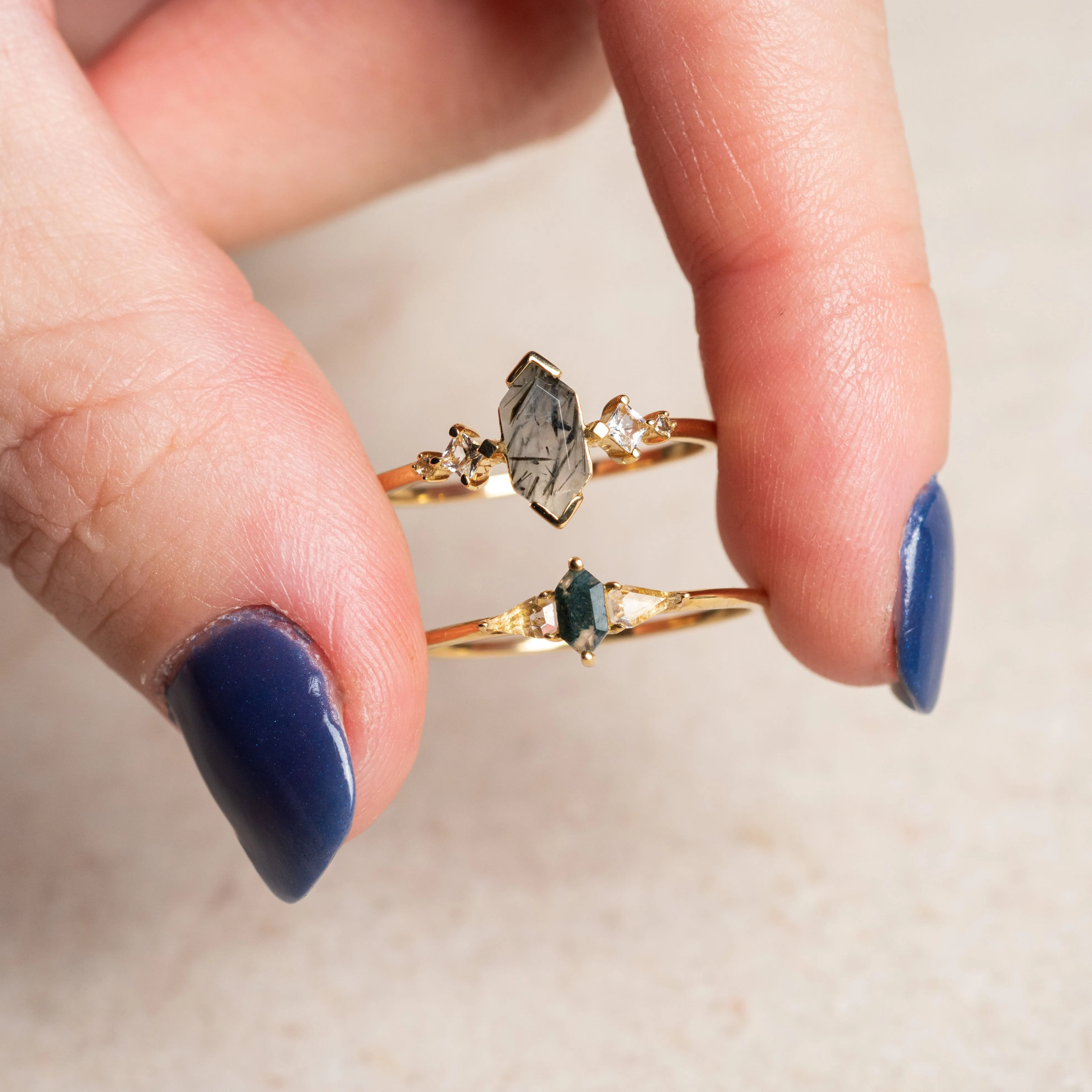 Solid Gold Black Rutilated Quartz Hexagon Ring for Strength