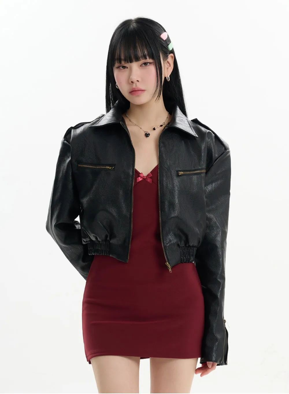 Solid Leather Cropped Jacket IF413