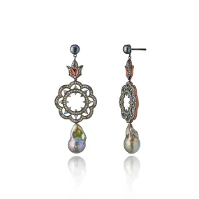 Sterling Silver Statement Earrings with True Red Enamel, Mixed Sapphires & Black Pearls