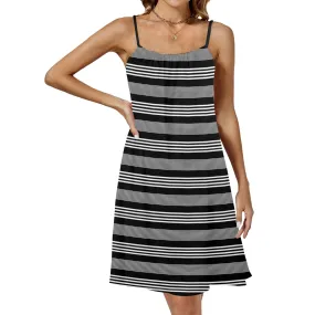 striped bw print a2 Drawstring Neck Sleeveless Dress (Model D68)