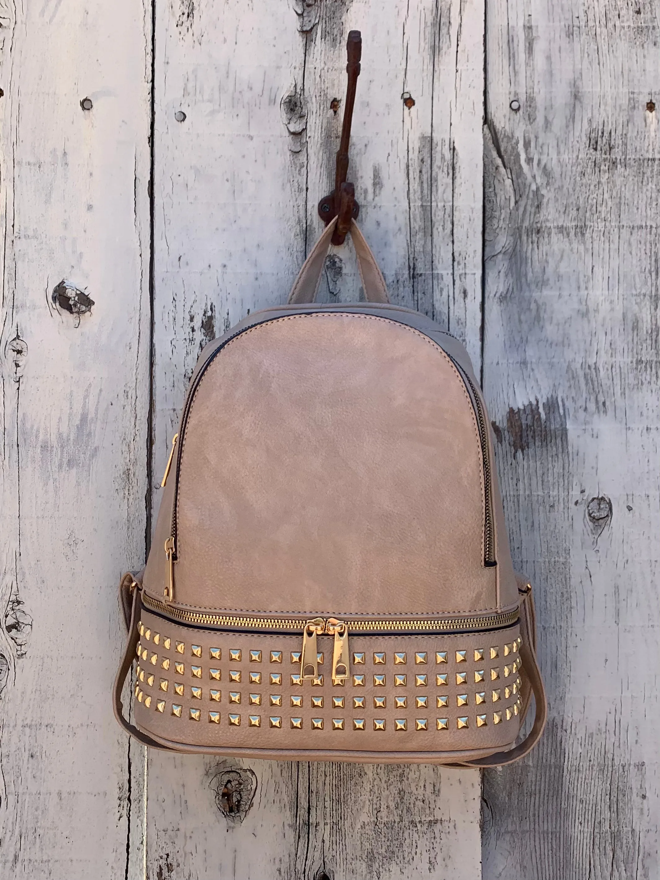 Studded Backpack & Wristlet Set in Tan