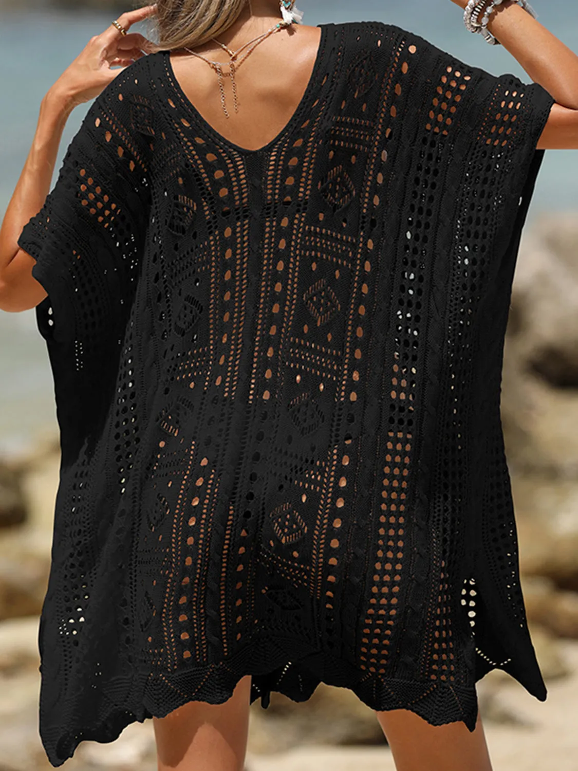 Sunset Vacation  Openwork Half Sleeve Beach Cover Up