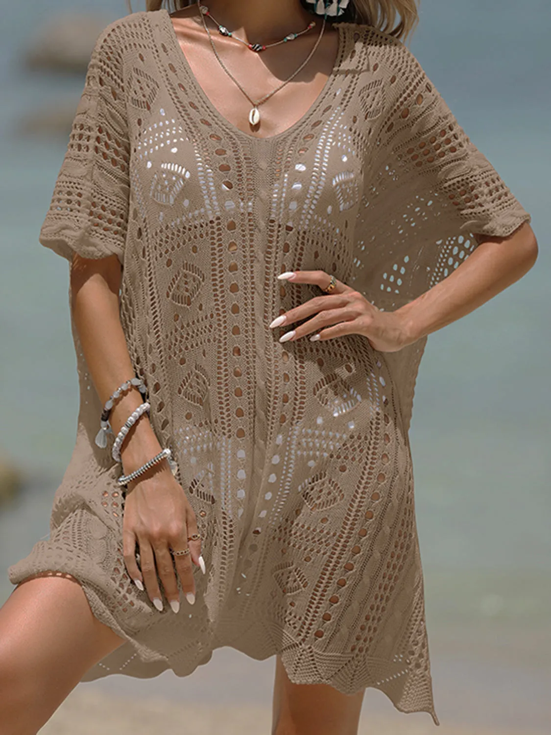 Sunset Vacation  Openwork Half Sleeve Beach Cover Up