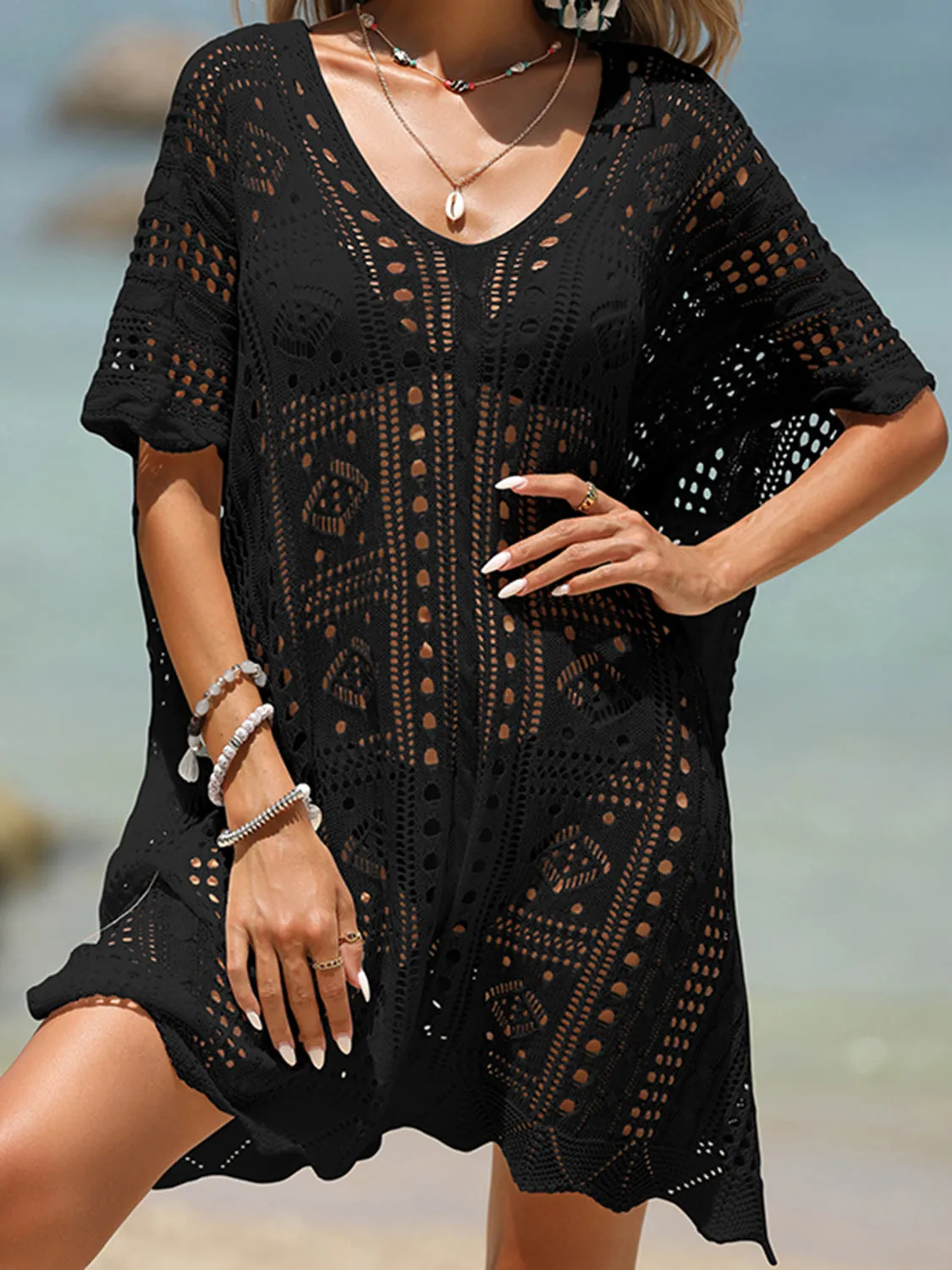 Sunset Vacation  Openwork Half Sleeve Beach Cover Up