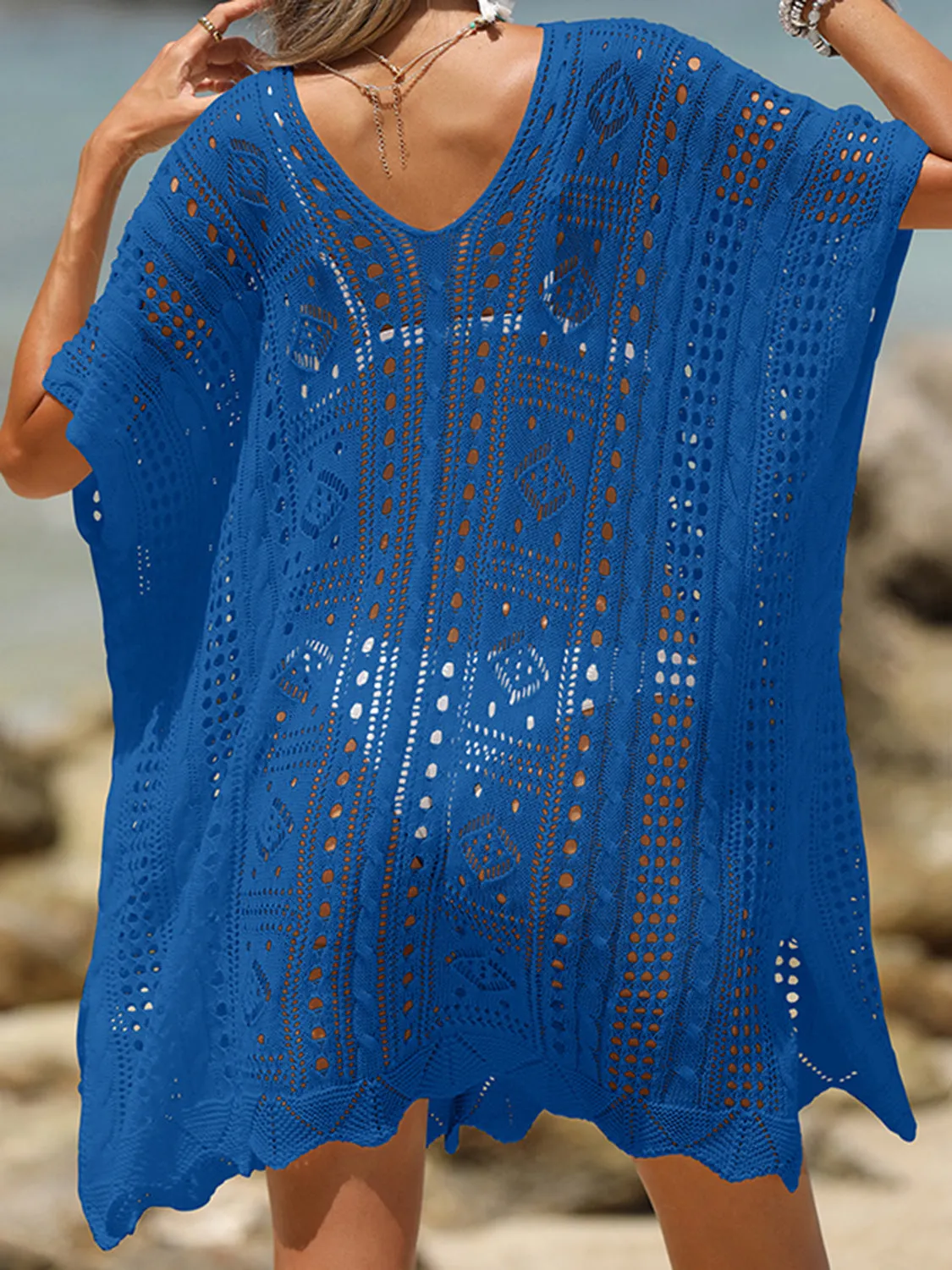 Sunset Vacation  Openwork Half Sleeve Beach Cover Up