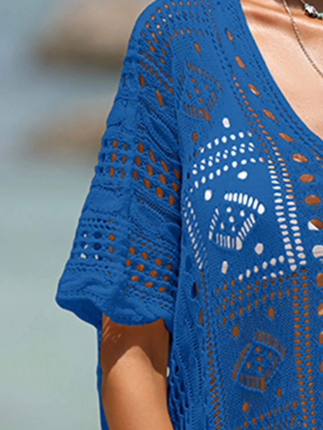 Sunset Vacation  Openwork Half Sleeve Beach Cover Up