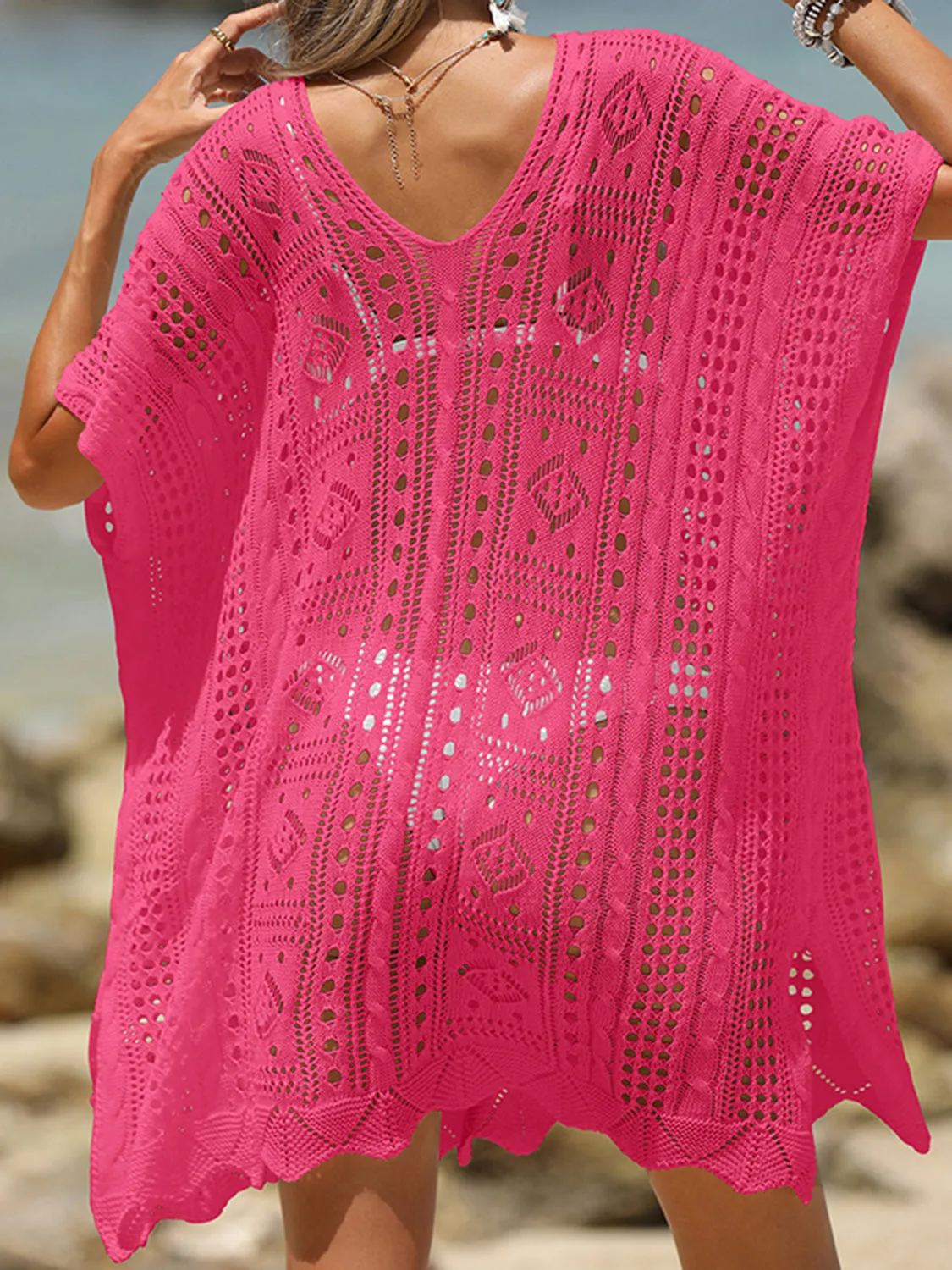 Sunset Vacation  Openwork Half Sleeve Beach Cover Up