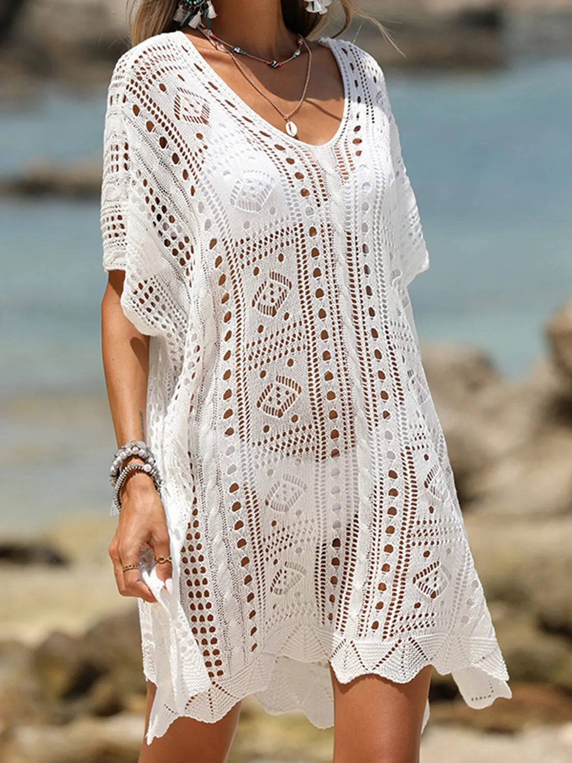 Sunset Vacation  Openwork Half Sleeve Beach Cover Up