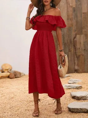 Sunset Vacation Slit Off-Shoulder Short Sleeve Midi Dress