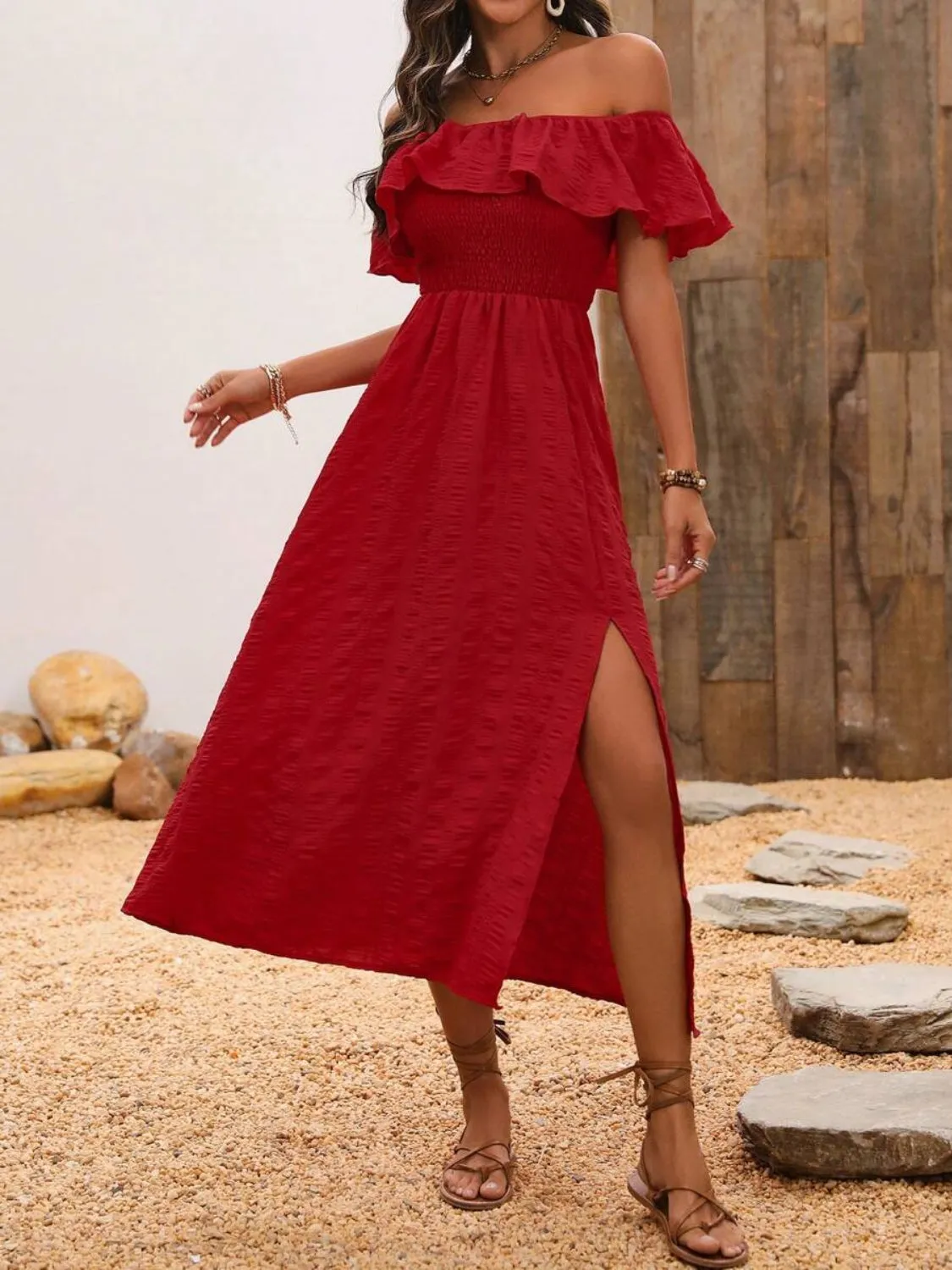 Sunset Vacation Slit Off-Shoulder Short Sleeve Midi Dress