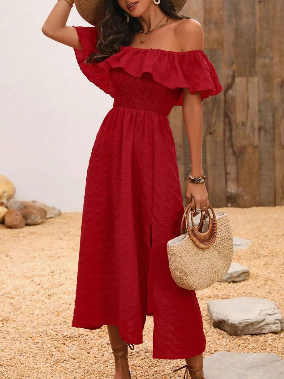 Sunset Vacation Slit Off-Shoulder Short Sleeve Midi Dress