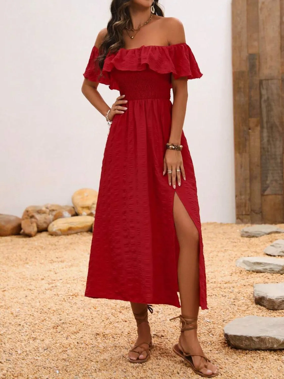 Sunset Vacation Slit Off-Shoulder Short Sleeve Midi Dress