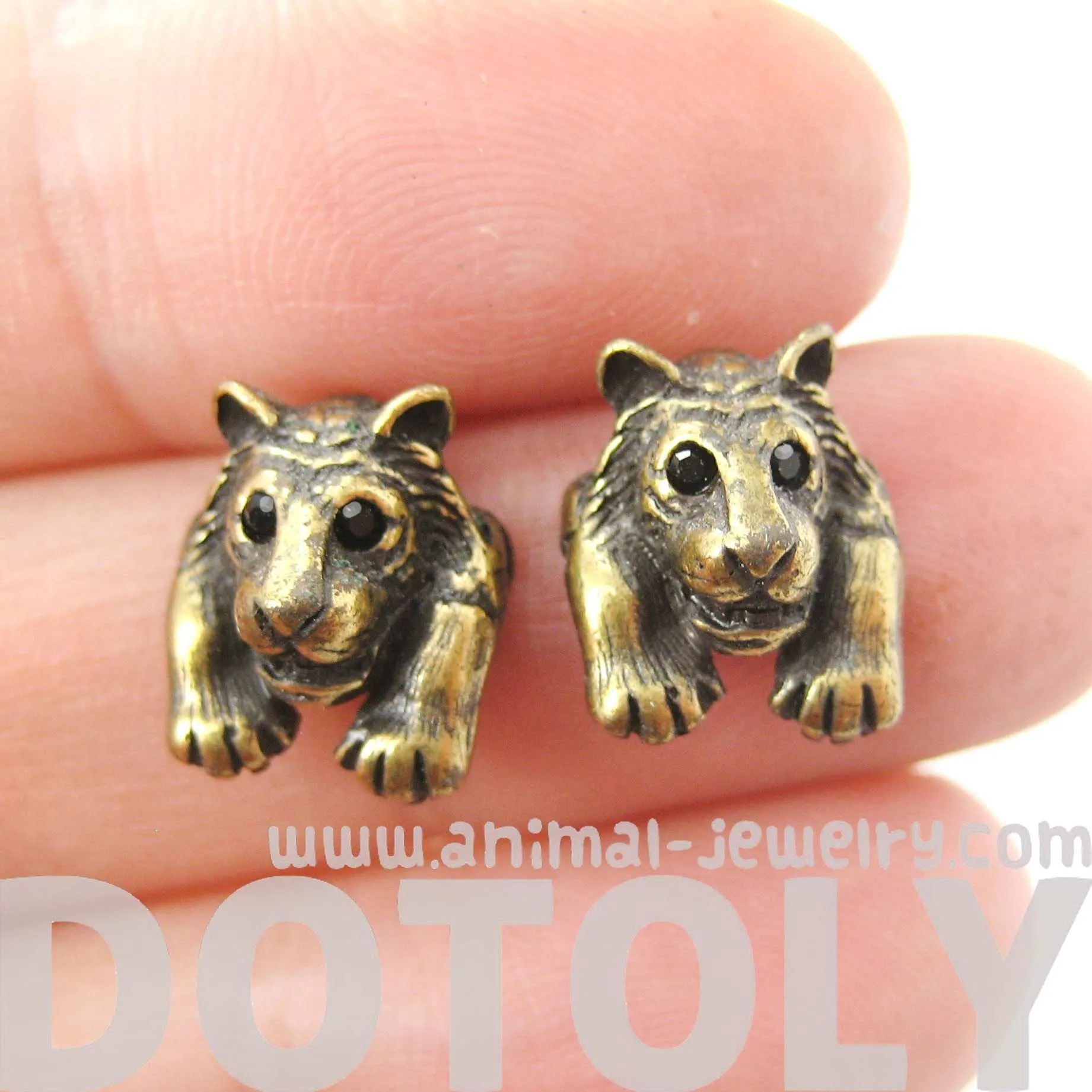 Tiger Realistic Animal Stud Earrings in Brass | Animal Jewelry