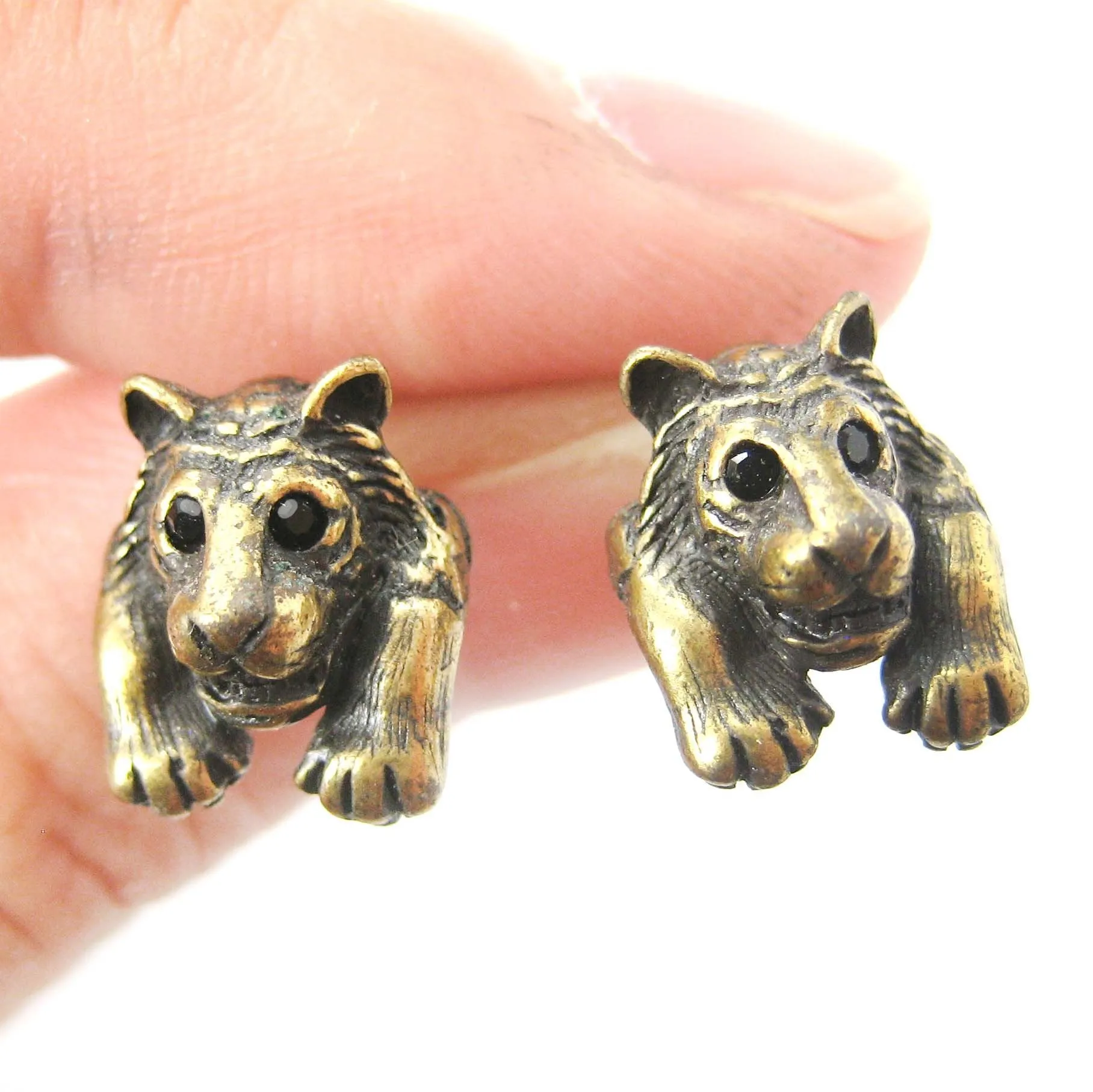 Tiger Realistic Animal Stud Earrings in Brass | Animal Jewelry