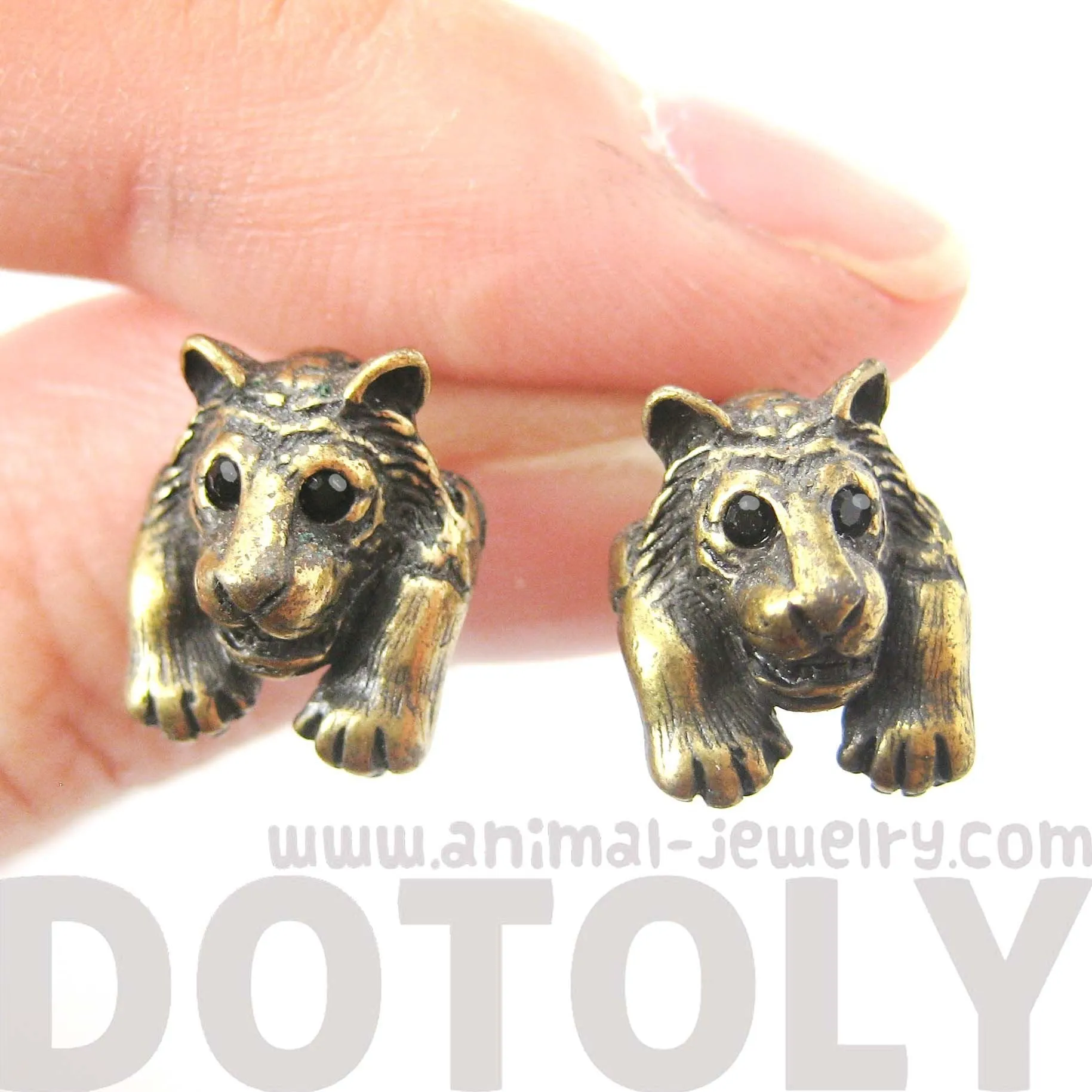 Tiger Realistic Animal Stud Earrings in Brass | Animal Jewelry