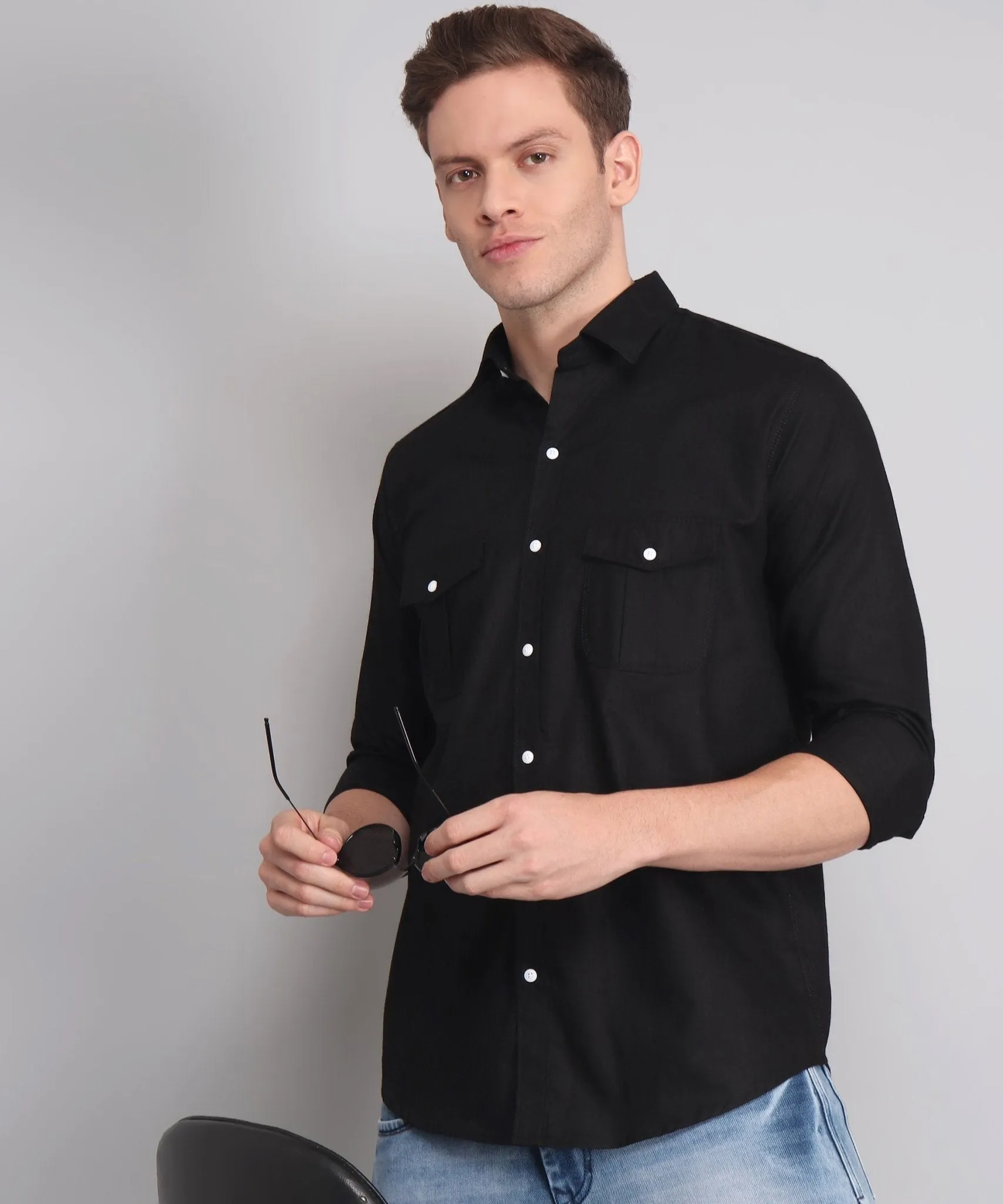 TryBuy Premium Black Solid Cotton Linen Double Pocket Button-Up Shirt For Men