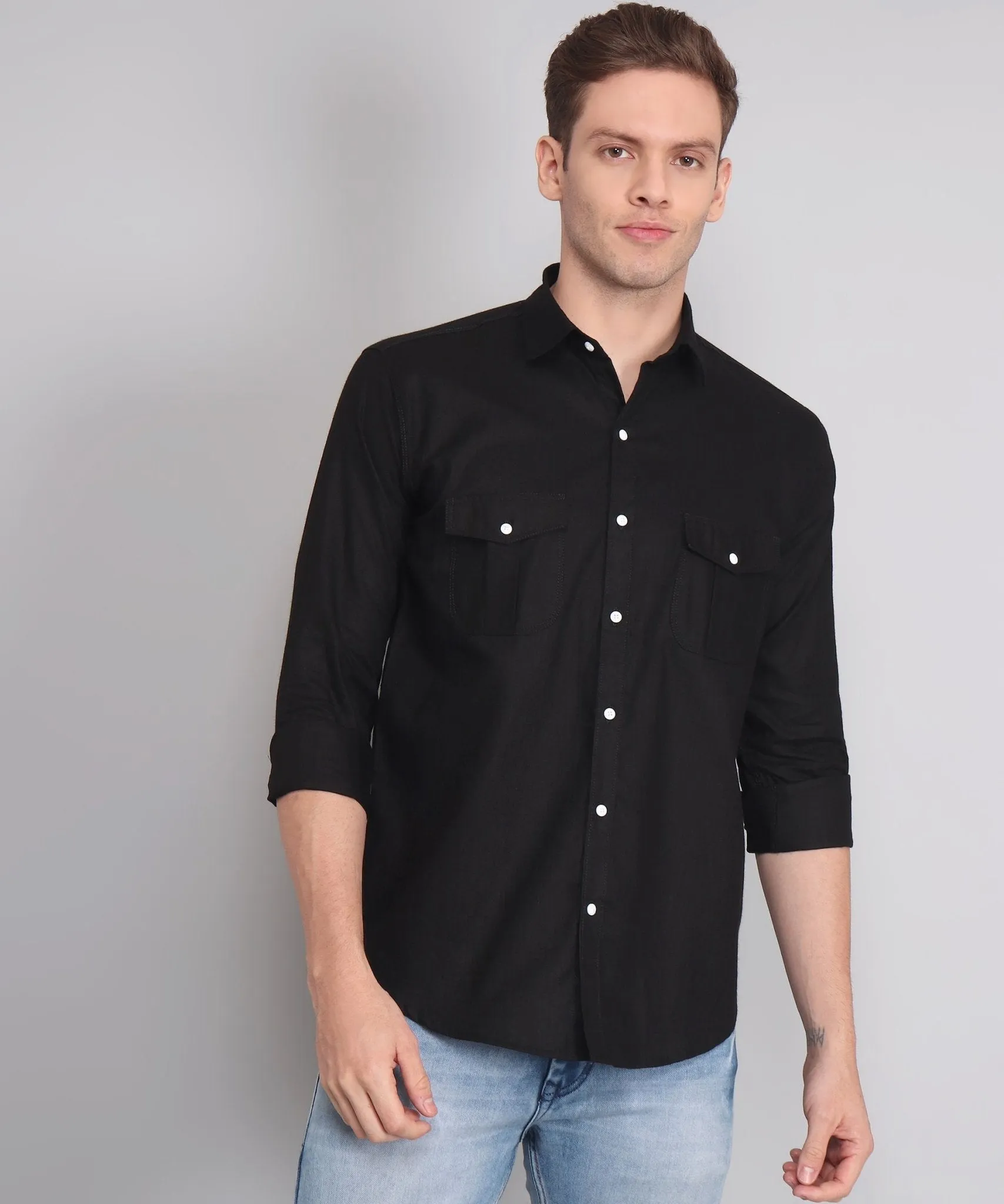 TryBuy Premium Black Solid Cotton Linen Double Pocket Button-Up Shirt For Men