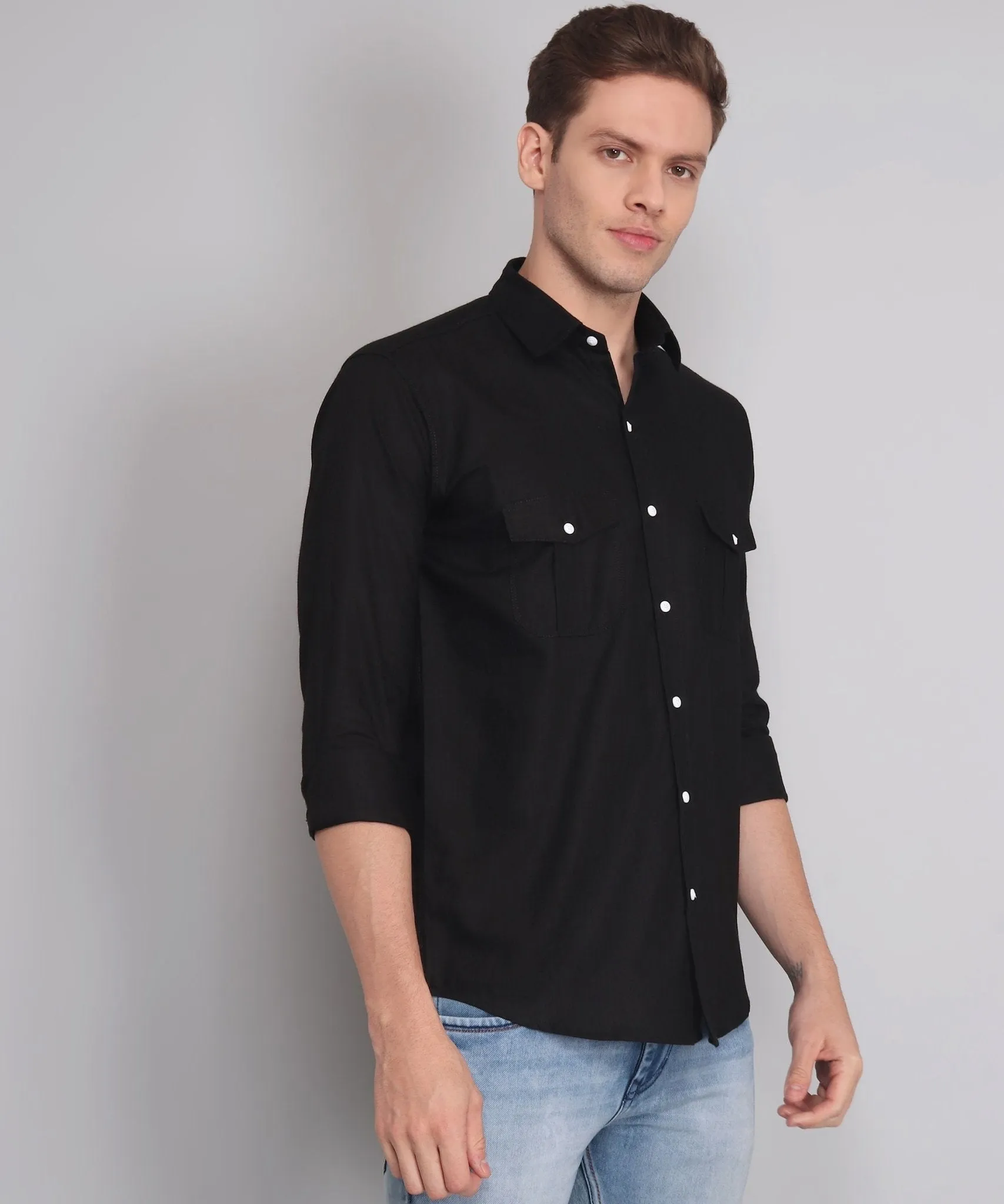 TryBuy Premium Black Solid Cotton Linen Double Pocket Button-Up Shirt For Men