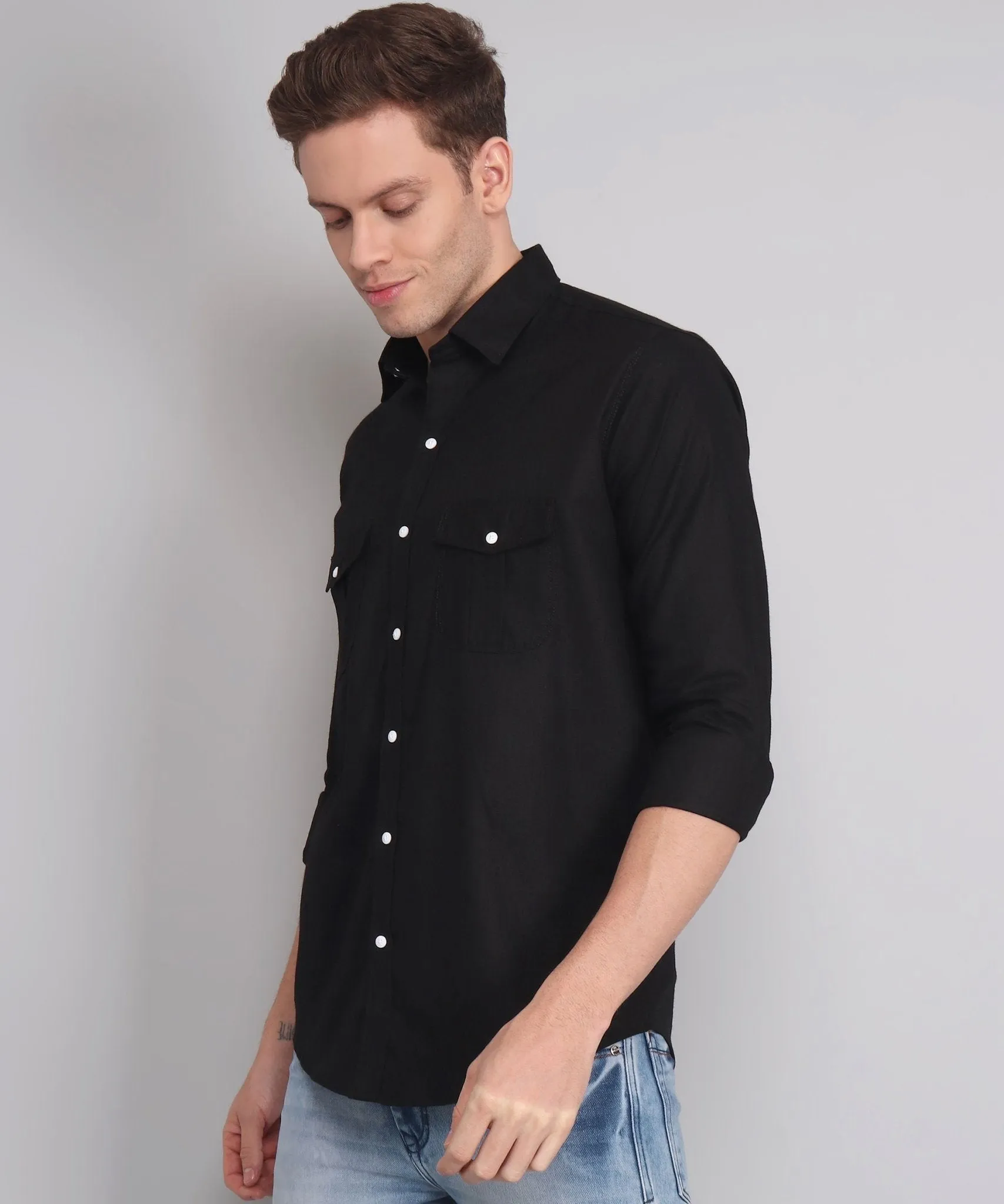 TryBuy Premium Black Solid Cotton Linen Double Pocket Button-Up Shirt For Men