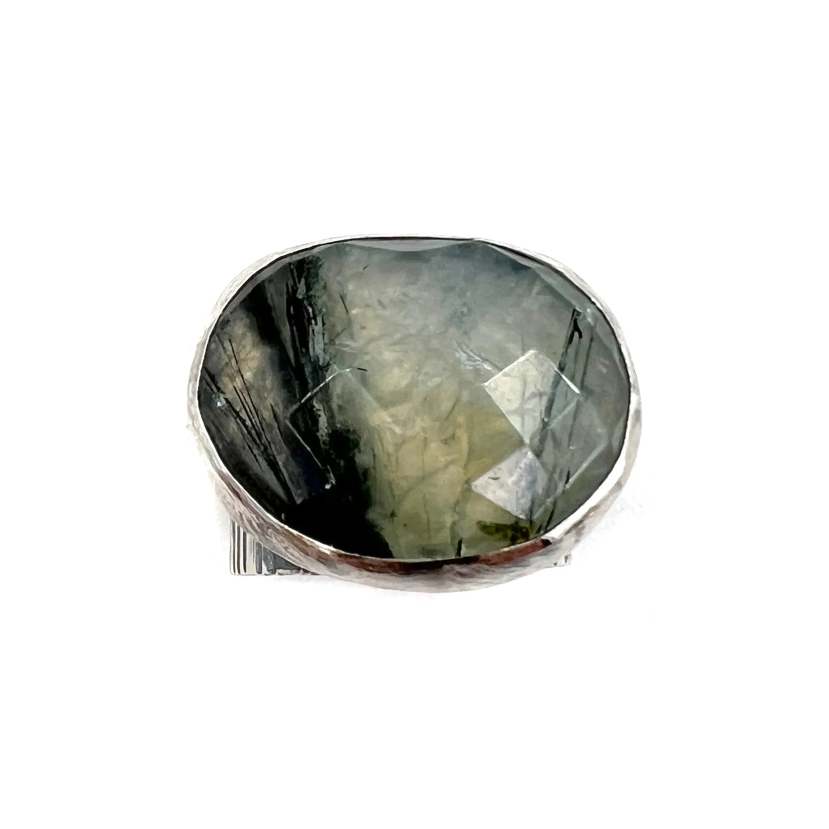 Wide Hammered Line Ring, Prehnite