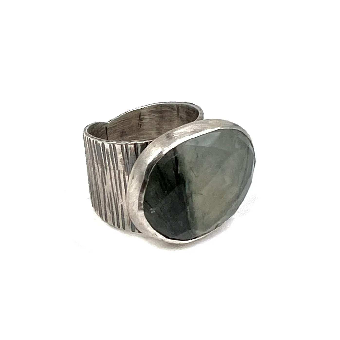 Wide Hammered Line Ring, Prehnite