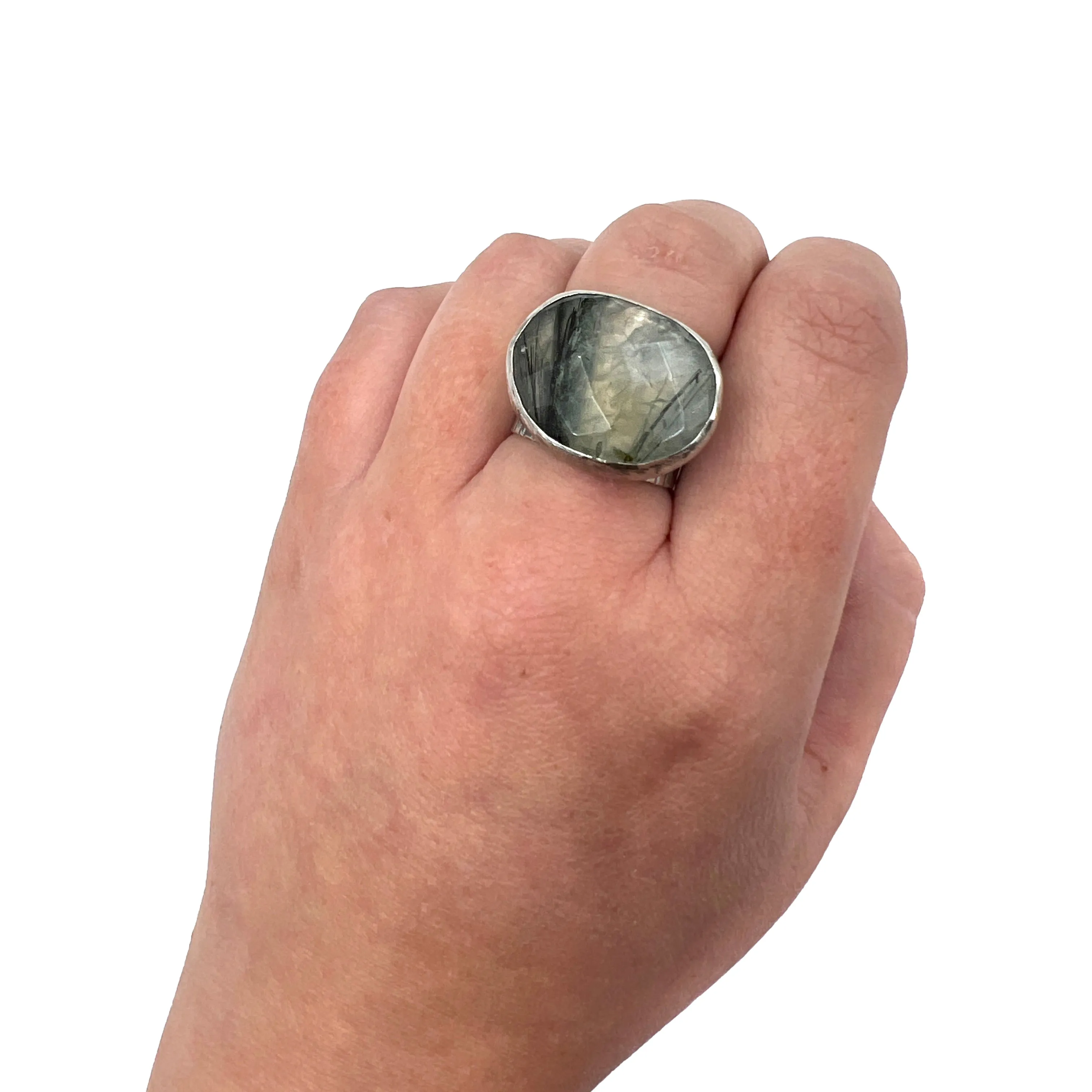 Wide Hammered Line Ring, Prehnite