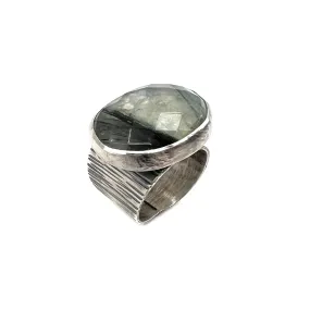 Wide Hammered Line Ring, Prehnite