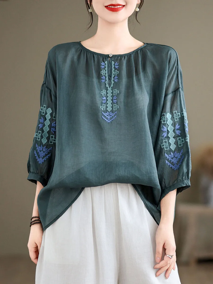 Women Artsy Summer Embroidery O-Neck Ramie Blouse KL1019