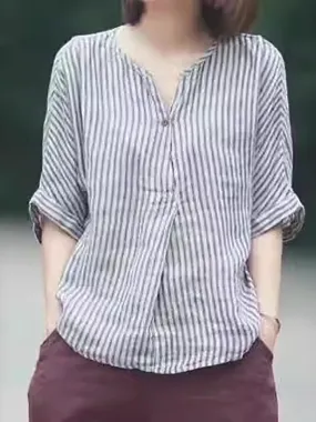 Women Casual Stripe Summer Linen V-Neck Shirt PA1001