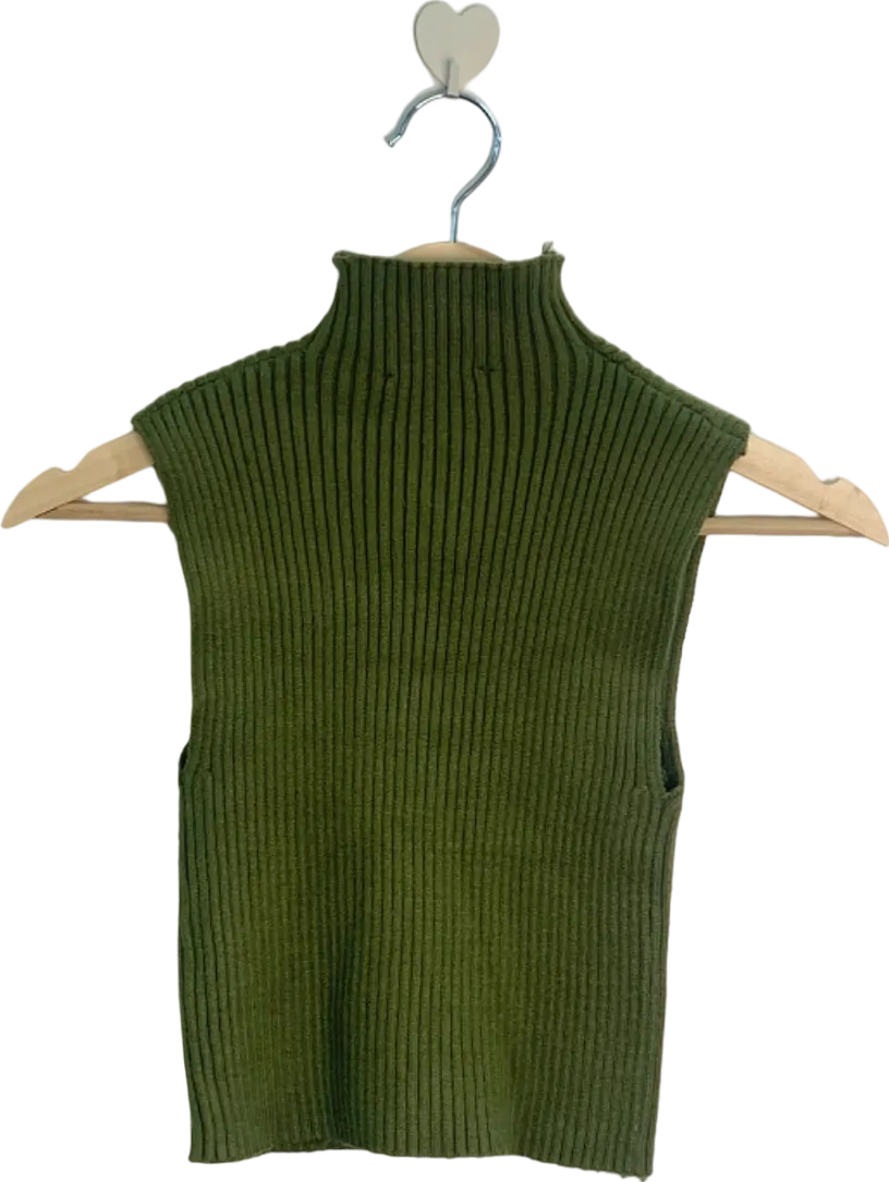 Zara Green Ribbed Sleeveless Turtleneck Knit Top UK S